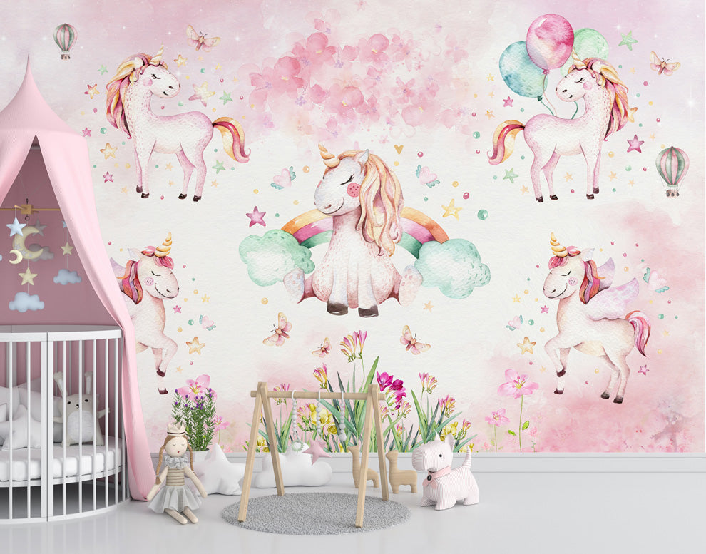 Unicorn kids room wallpaper, Nursery wall mural