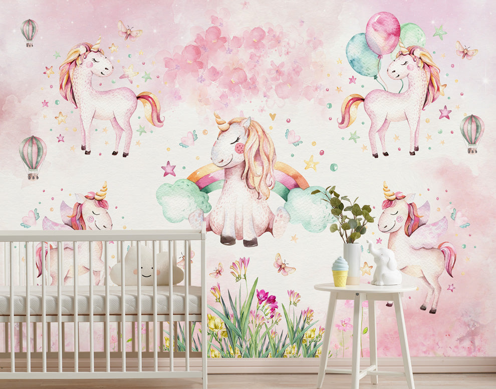 Unicorn kids room wallpaper, Nursery wall mural