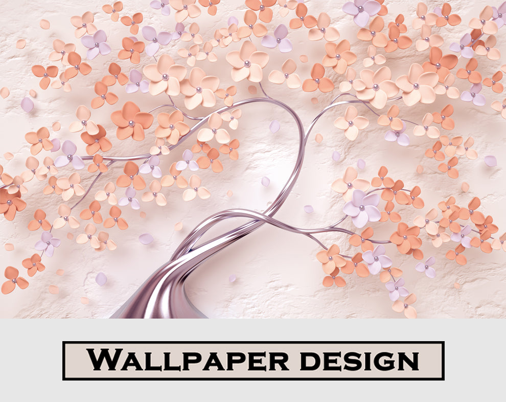 3D Rose Pink Flower and Tree Mural Wallpaper