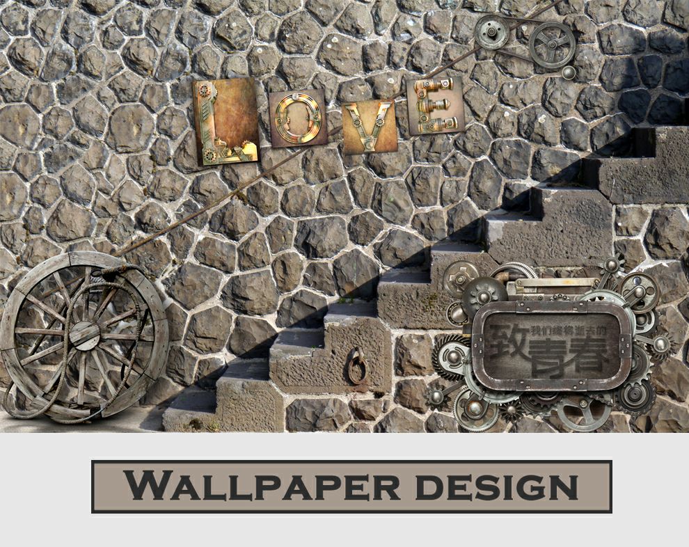 Stone Wall Art With Love Label Restaurant Cafe 3D Wallpaper