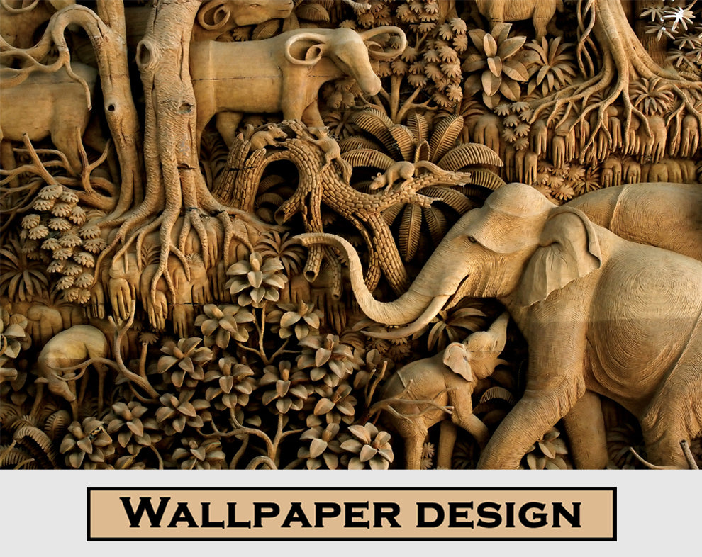 Wooden Art wallpaper, Jungle Animals 3D Wall Mural