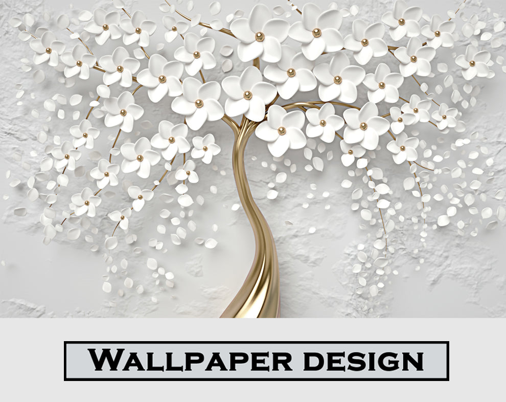 3d Golden tree and white flowers wallpaper | Living room wallpaper for walls