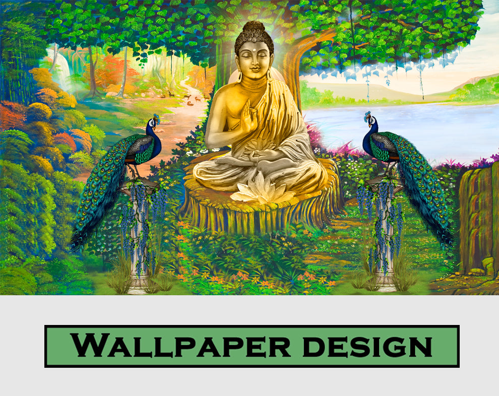 Gautam Buddha and Peacock 3D Mural Wallpaper