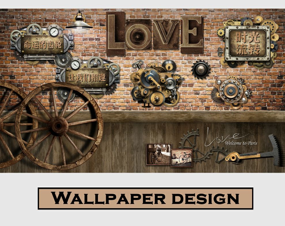 Restaurant and Cafe Brown Bricks Wooden Wheel Wallpaper for Walls