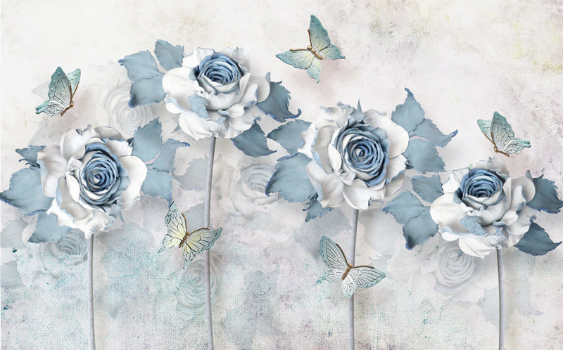 3D Blue Elegant Big Flowers and Butterfly Wallpaper