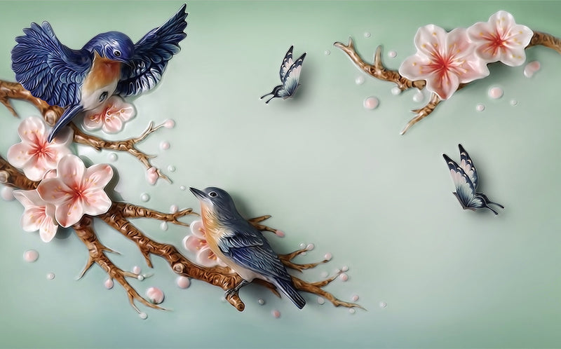 3D blue birds on branch wallpaper - view 3