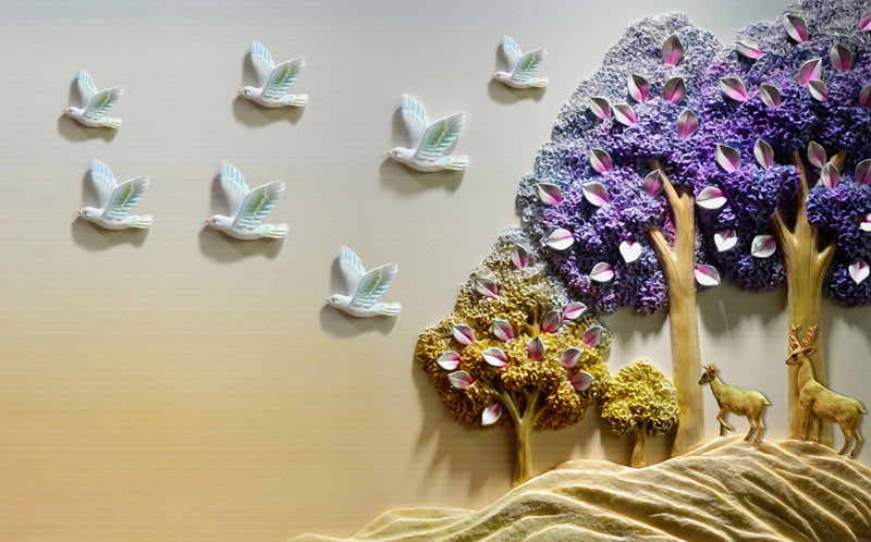3D tree and flying birds wallpaper - view 4