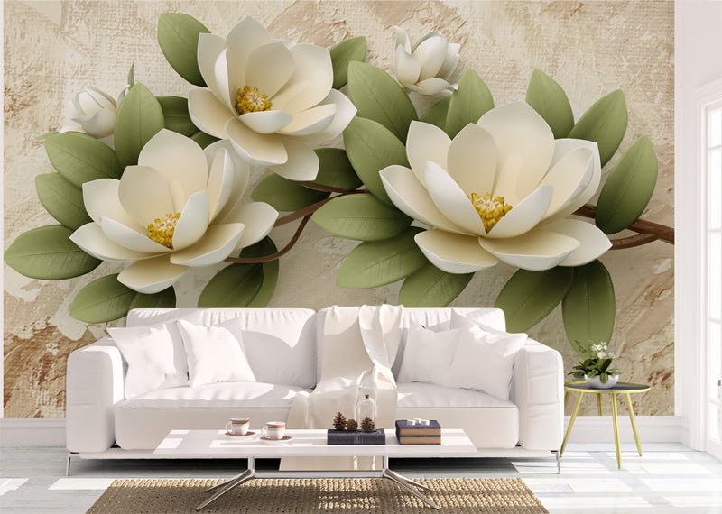 3D Magnolia Flowers Mural Wallpaper