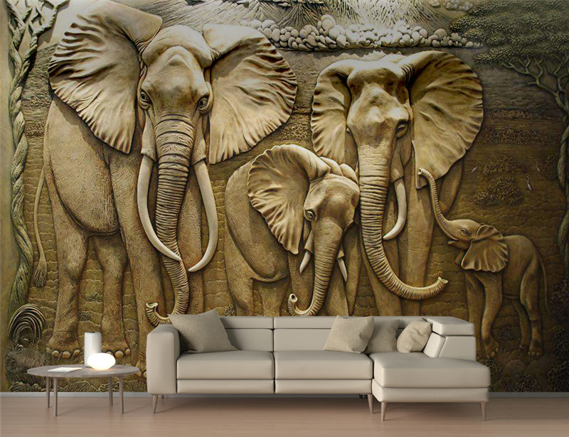 3D Elephant Family Wall Mural Wallpaper