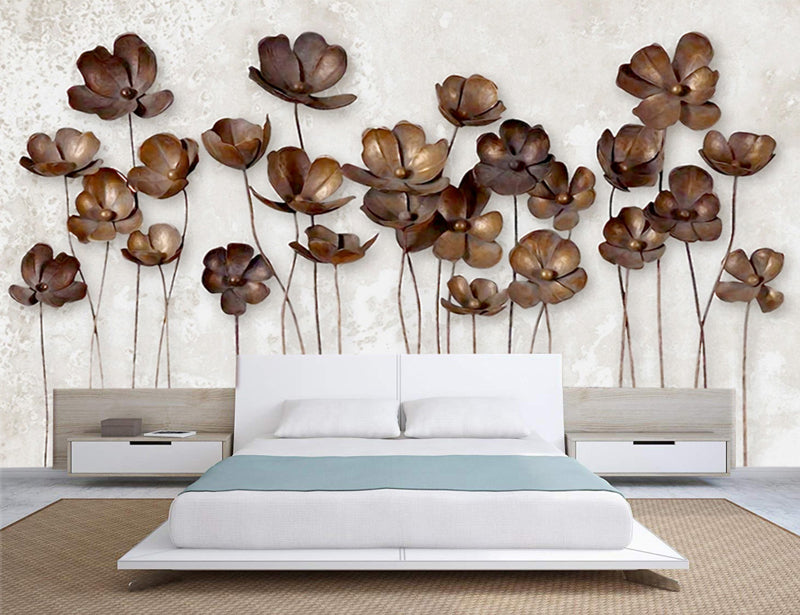 The Metal Flowers 3d Wallpaper | 3d Brown Floral Wallpaper for Living Room