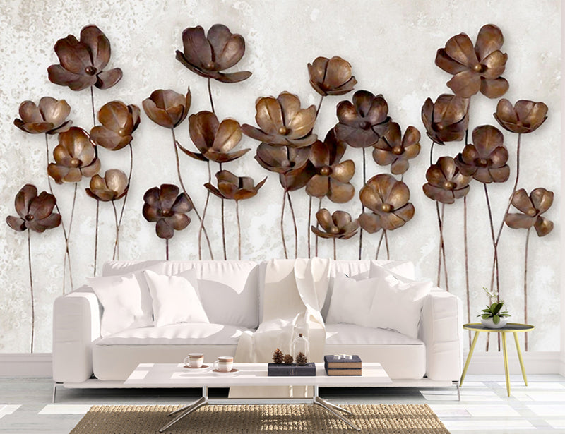 The Metal Flowers 3d Wallpaper | 3d Brown Floral Wallpaper for Living Room
