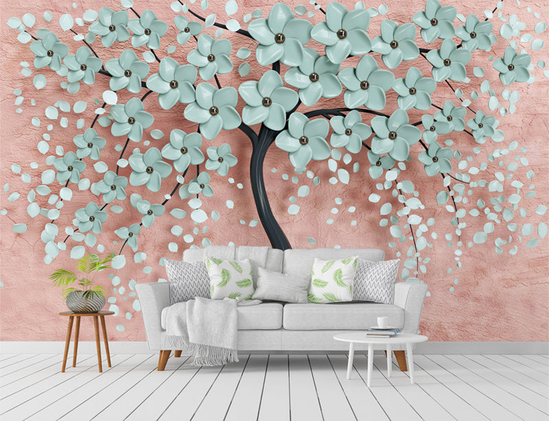 Mint Green Flowers Tree 3d Wallpaper Mural | Wallpaper for walls, texture wallpaper