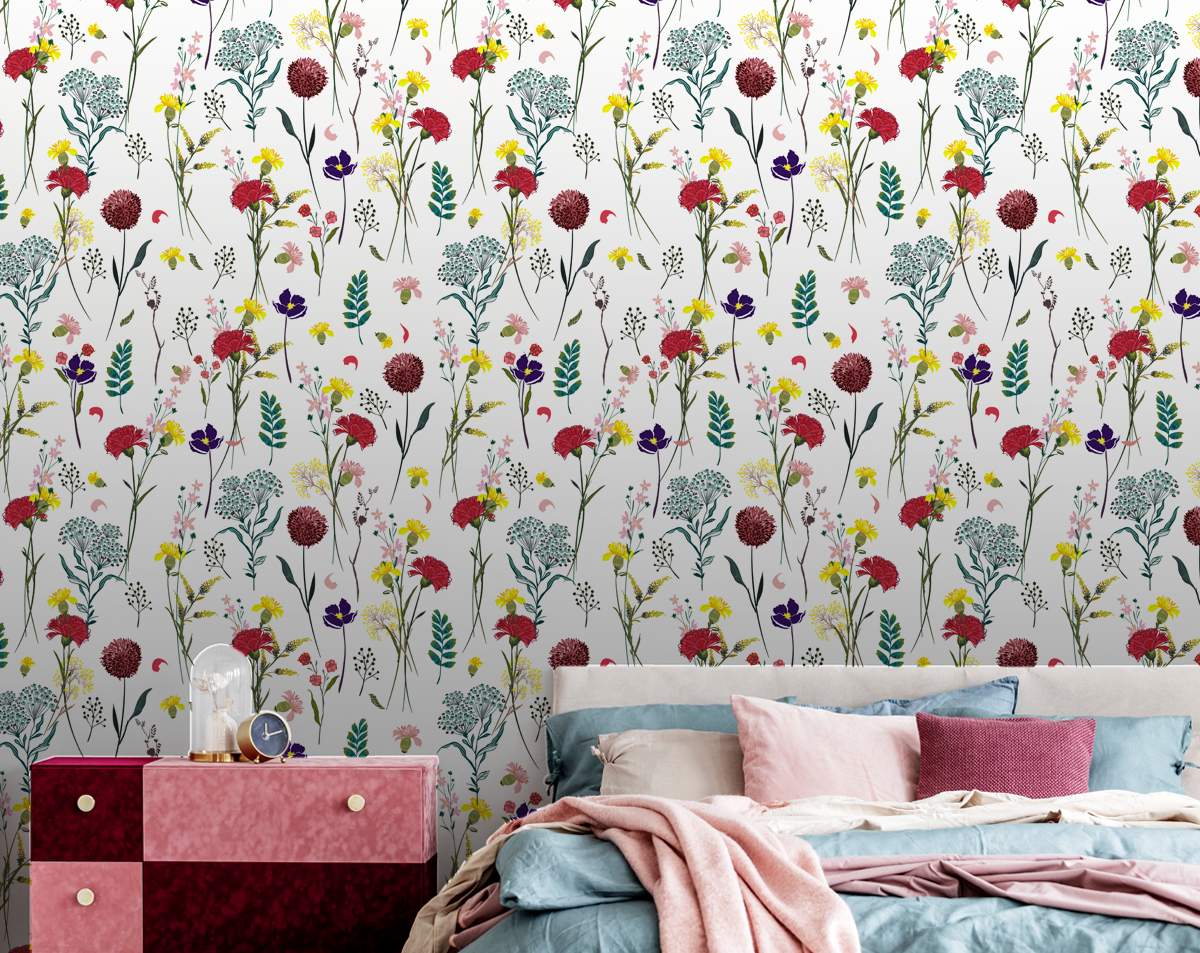Blooming Colourfull Flowers Hand Drawing Wallpaper Rolls