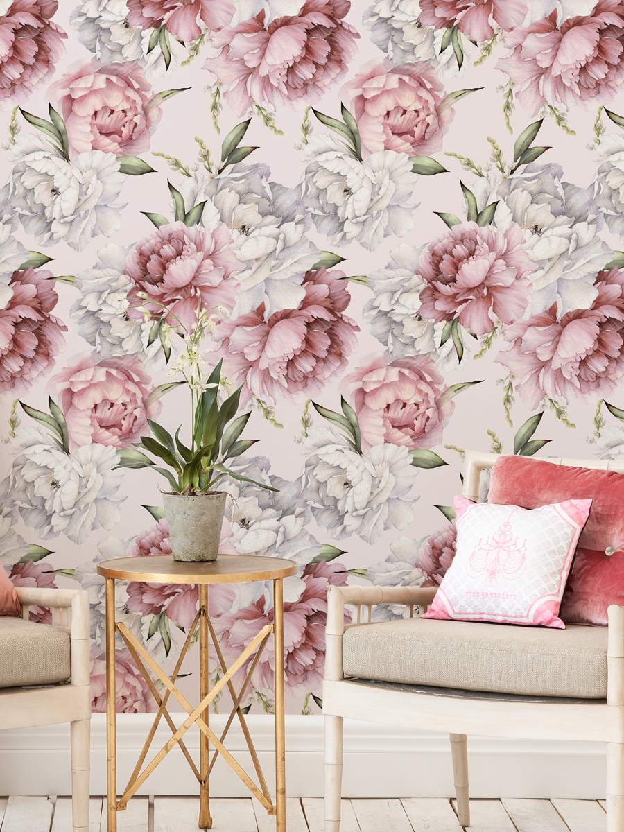 Watercolour Pink Flowers and Leaves for Living room, Bedroom Wallpaper Rolls