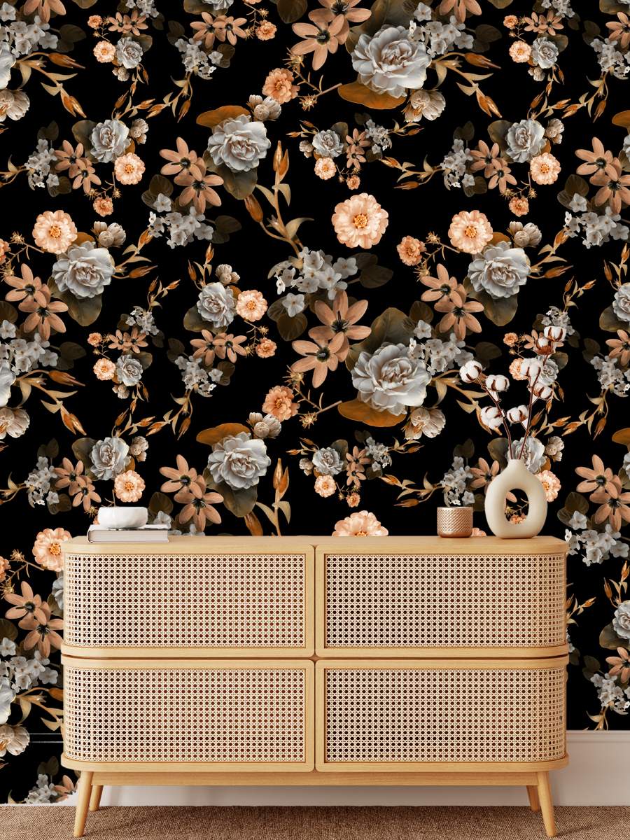 Dark Botanical Pink Rose Wallpaper Rolls for bedroom and living room
