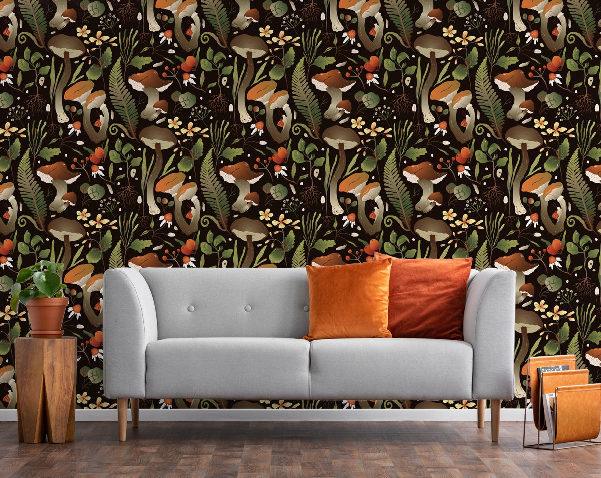 Vintage Mushrooms Forest Wallpaper