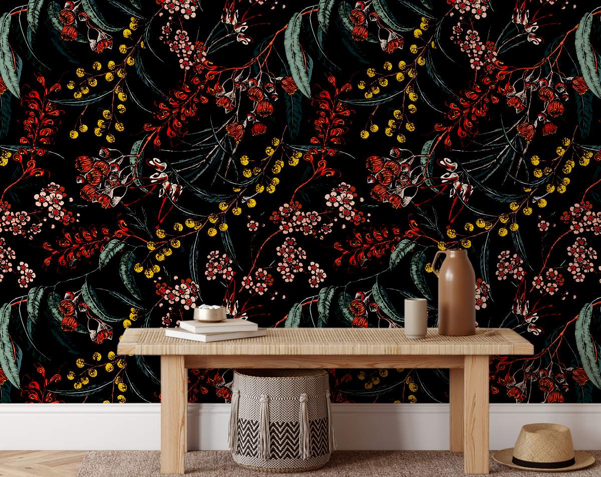 Australian Floral Wallpaper Rolls with Dark Background