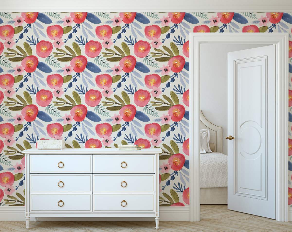 Red Flower And Leaves Botanical Wallpaper Rolls For Bedroom And Living Room