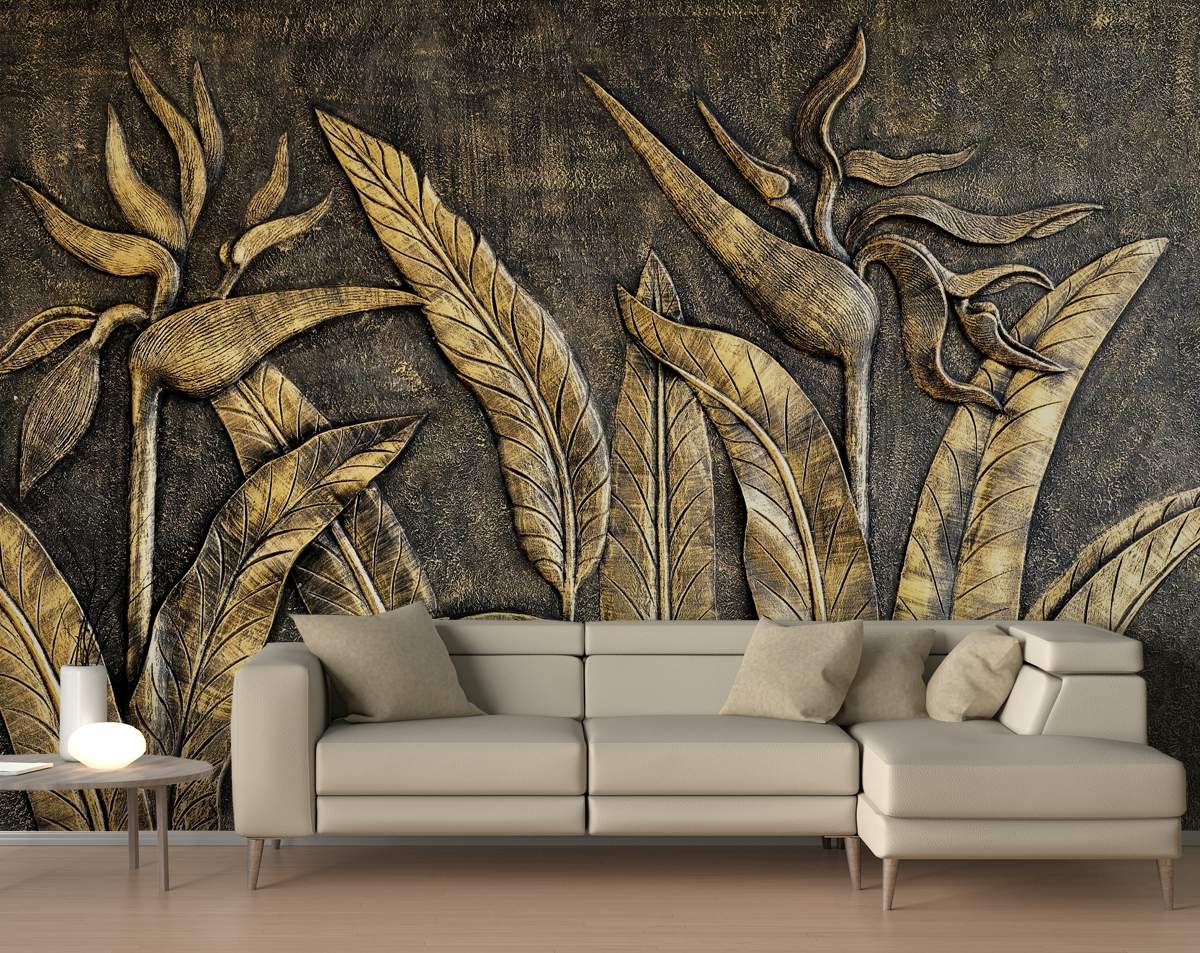 3D Gold Leaf Wallpaper, Living and Dinning Space Wall Mural
