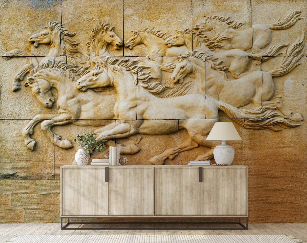 Running horses sculpture 3d mural wallpaper