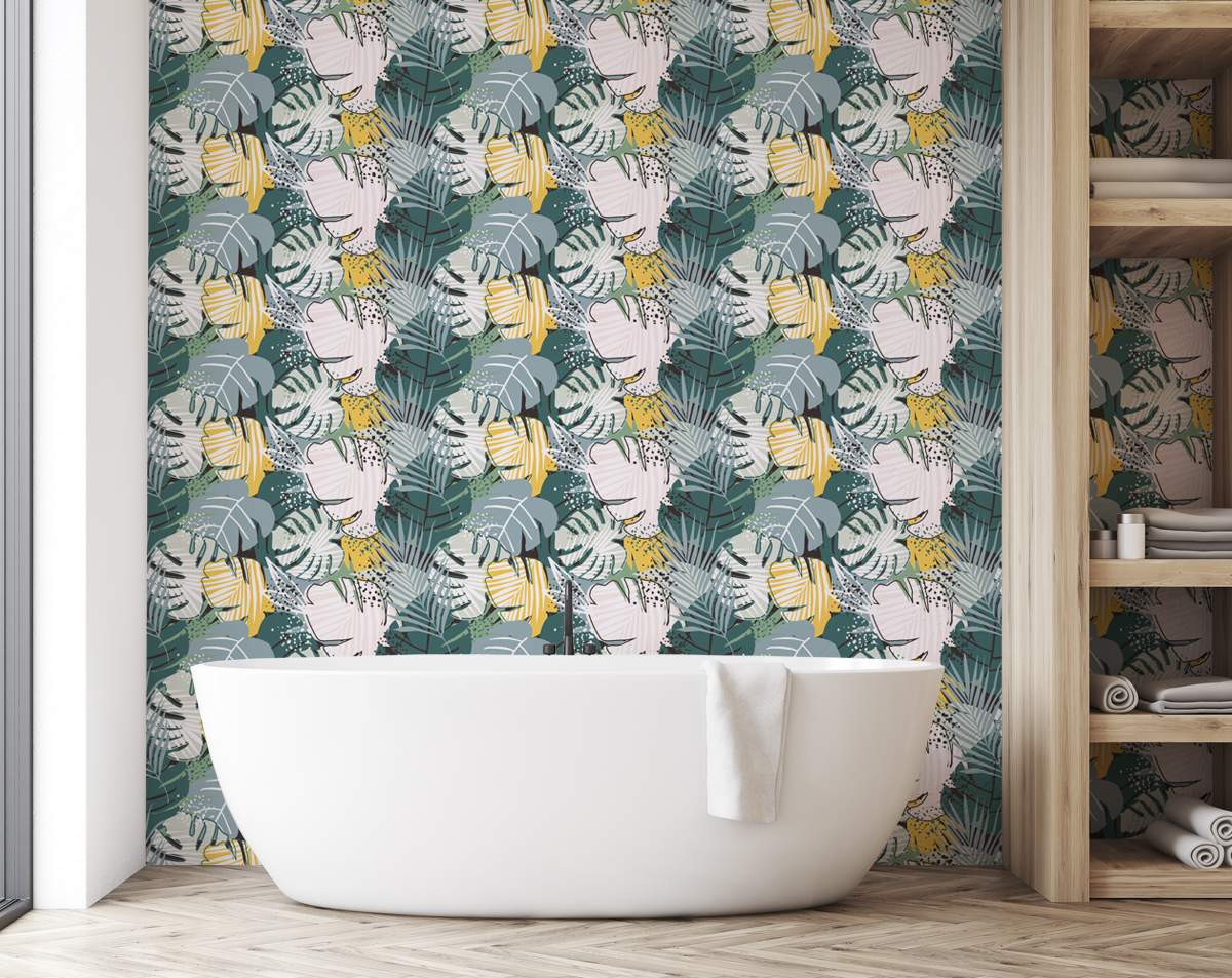 Yellow, Green And White Palm tree Leafs Wallpaper Rolls
