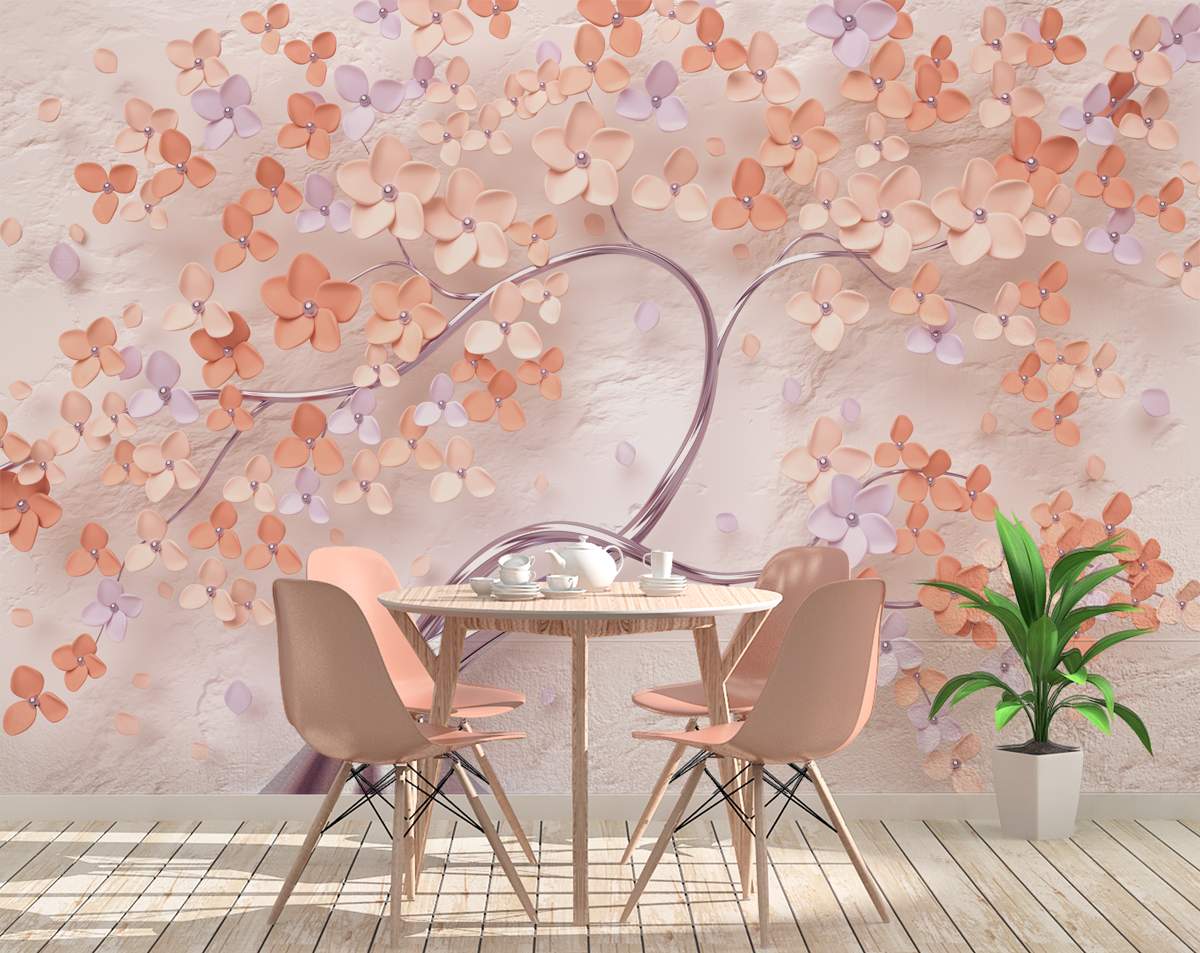 3D Rose Pink Flower and Tree Mural Wallpaper