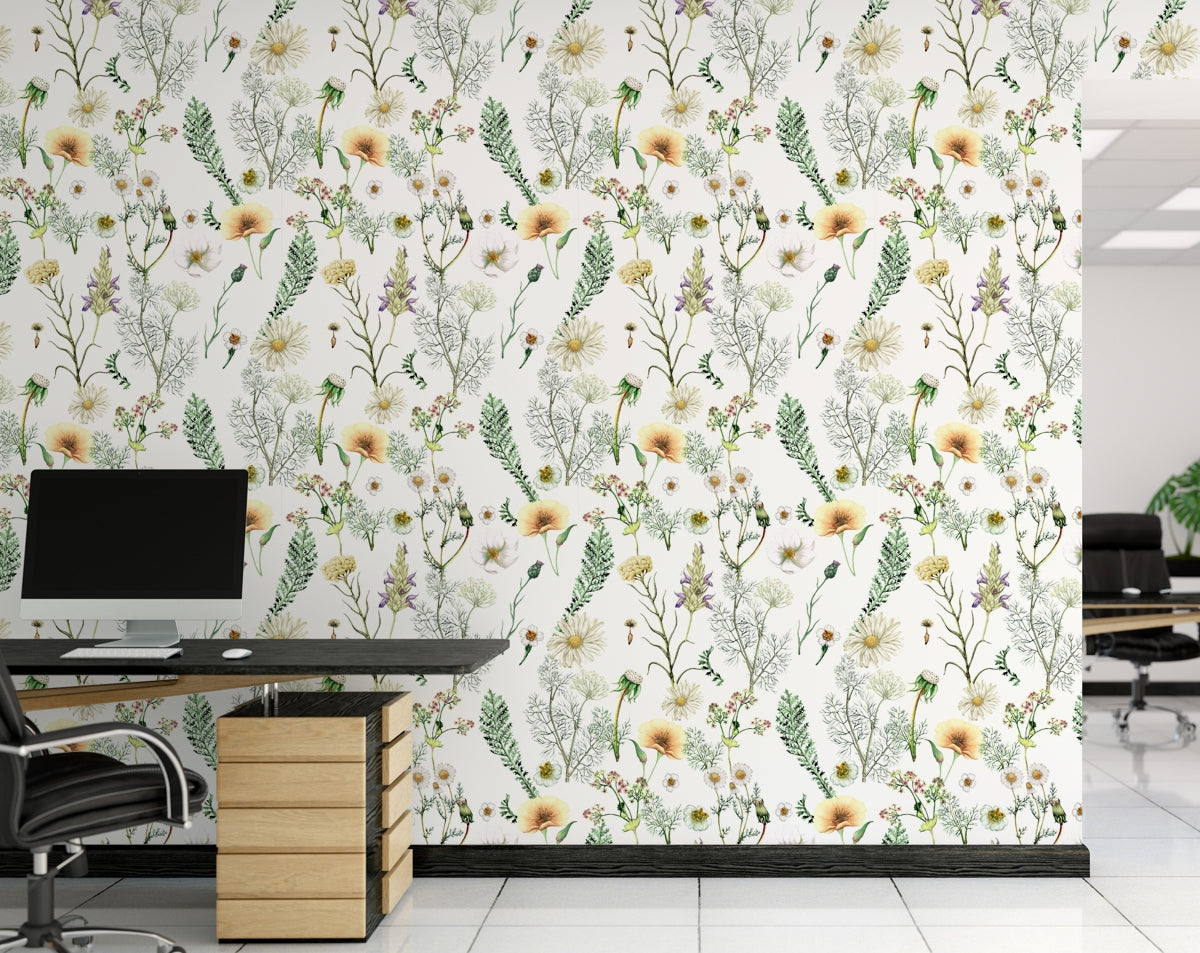 Hand Drawn Wild Flowers Botanical Wallpaper Wall Design