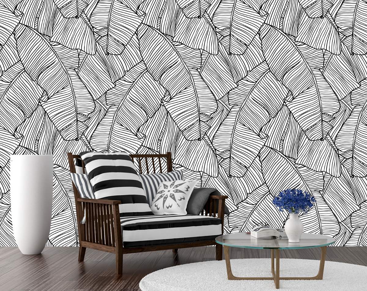 Stylish Trendy Monochrome Banana Leaf Wallpaper Rolls
