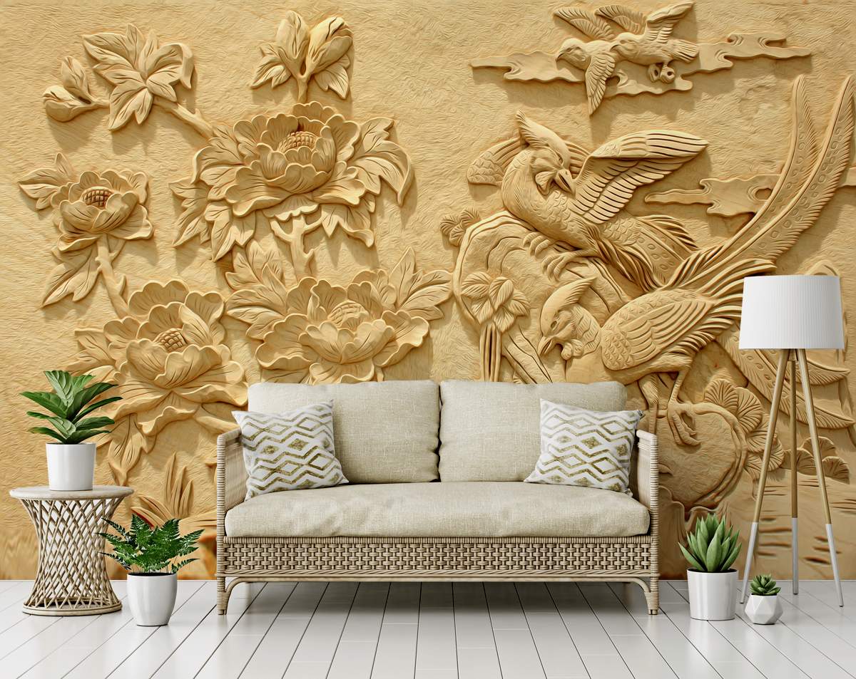 3d peony flower with birds wall mural for living room