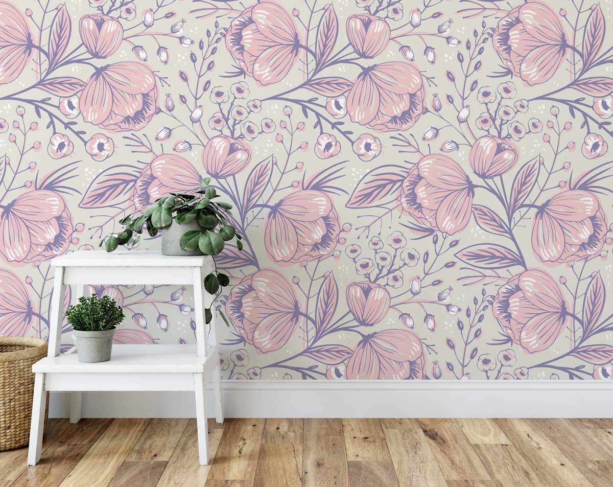 Hand Drawn Roses and Berries Wallpaper Roll