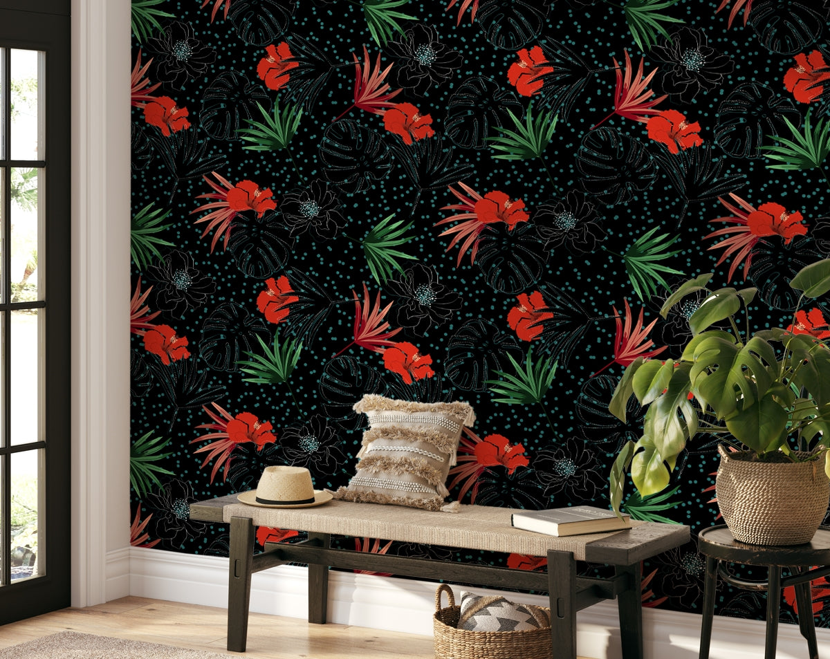 Red Flowers Decorative Tropical Palm Leaves Design Wallpaper