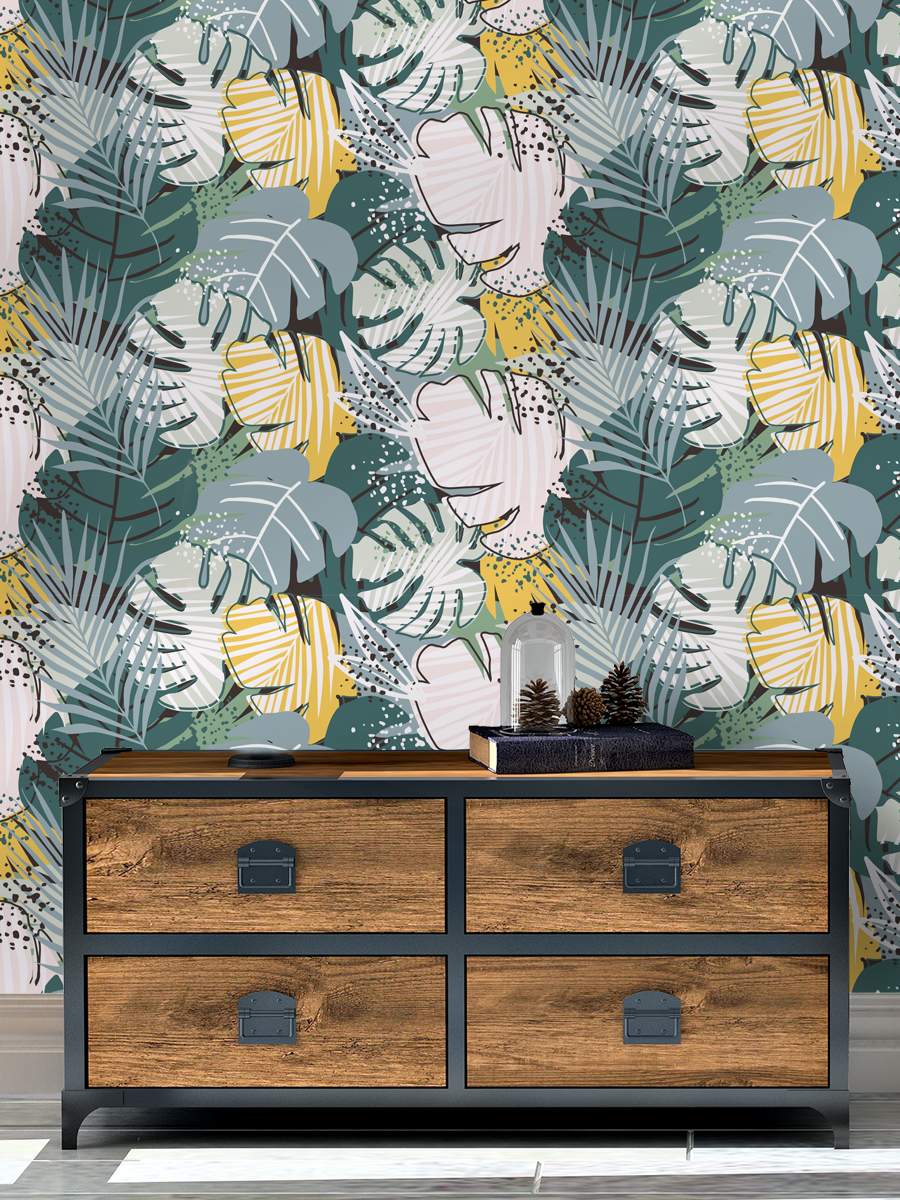 Yellow, Green And White Palm tree Leafs Wallpaper Rolls