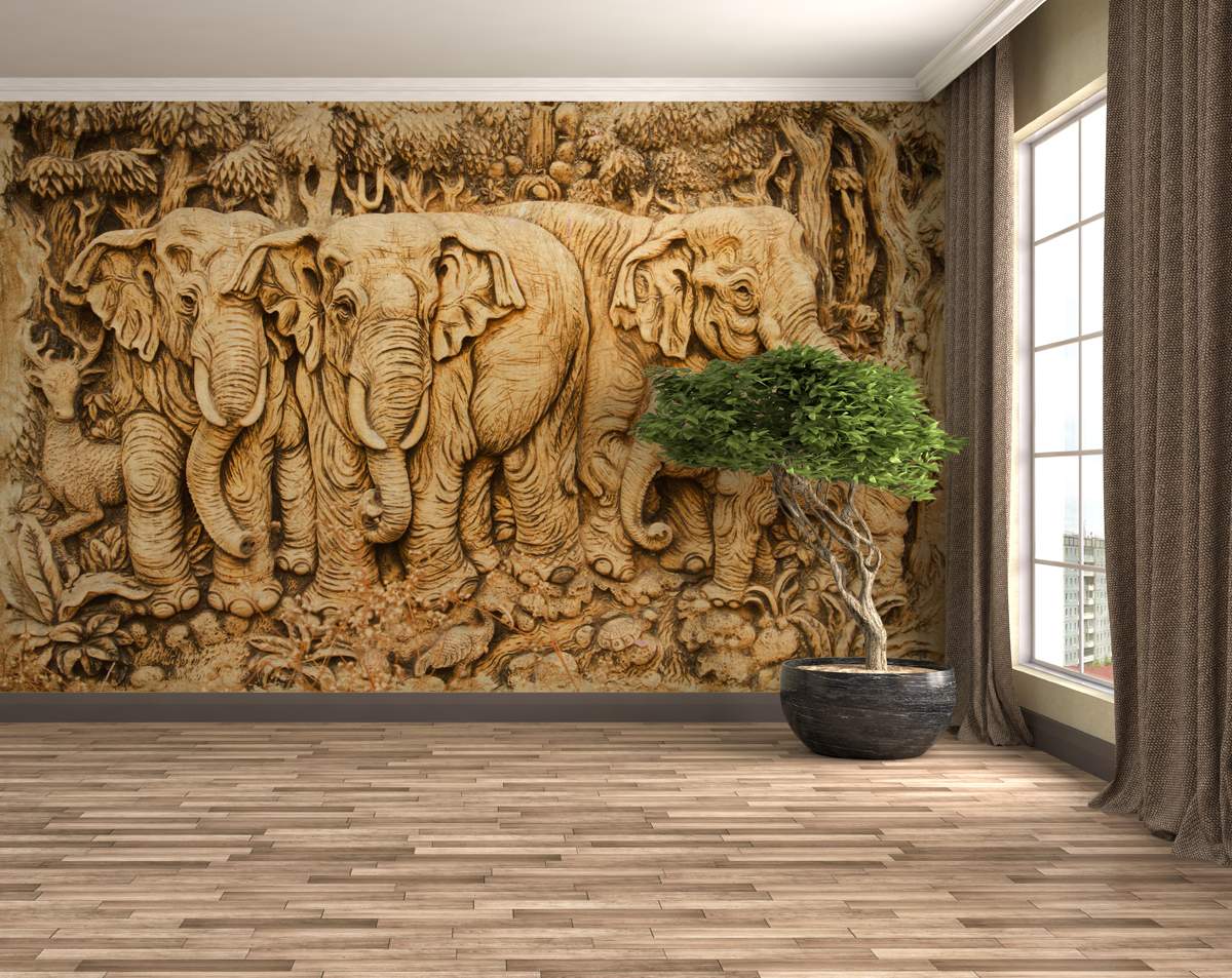 3D Gold Elephants Wall Mural Wallpaper