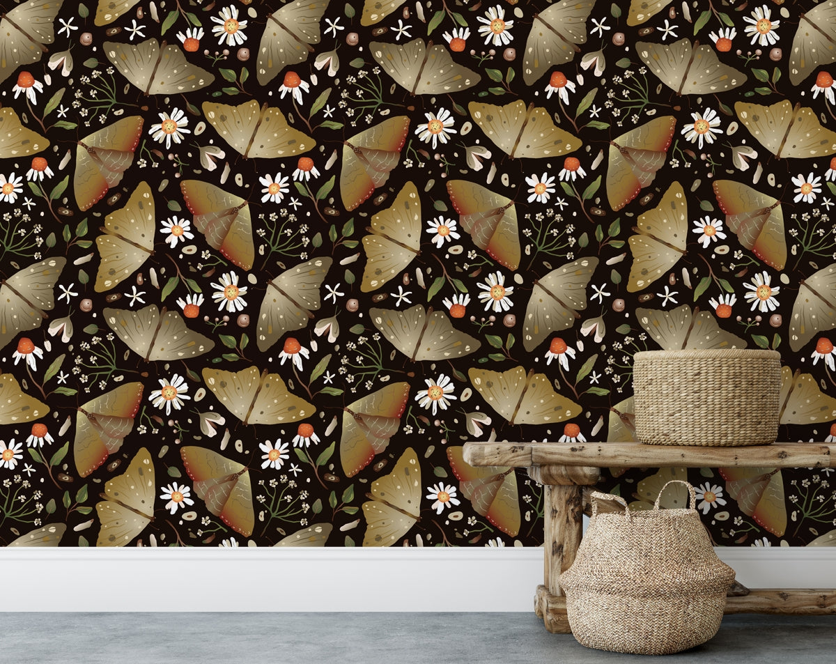 Butterfly and wild chamomile flower wallpaper