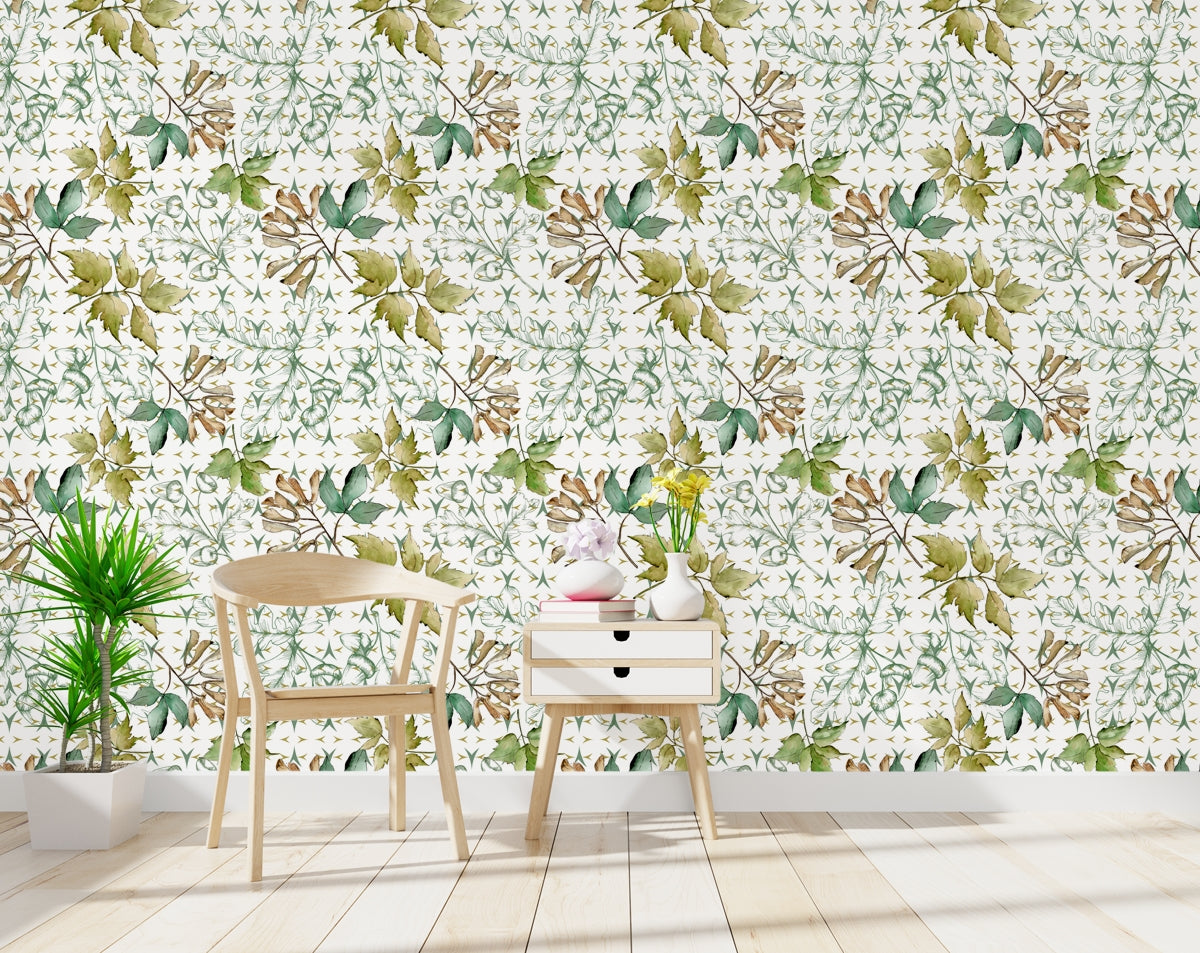 Green leaves tropical and floral wallpaper