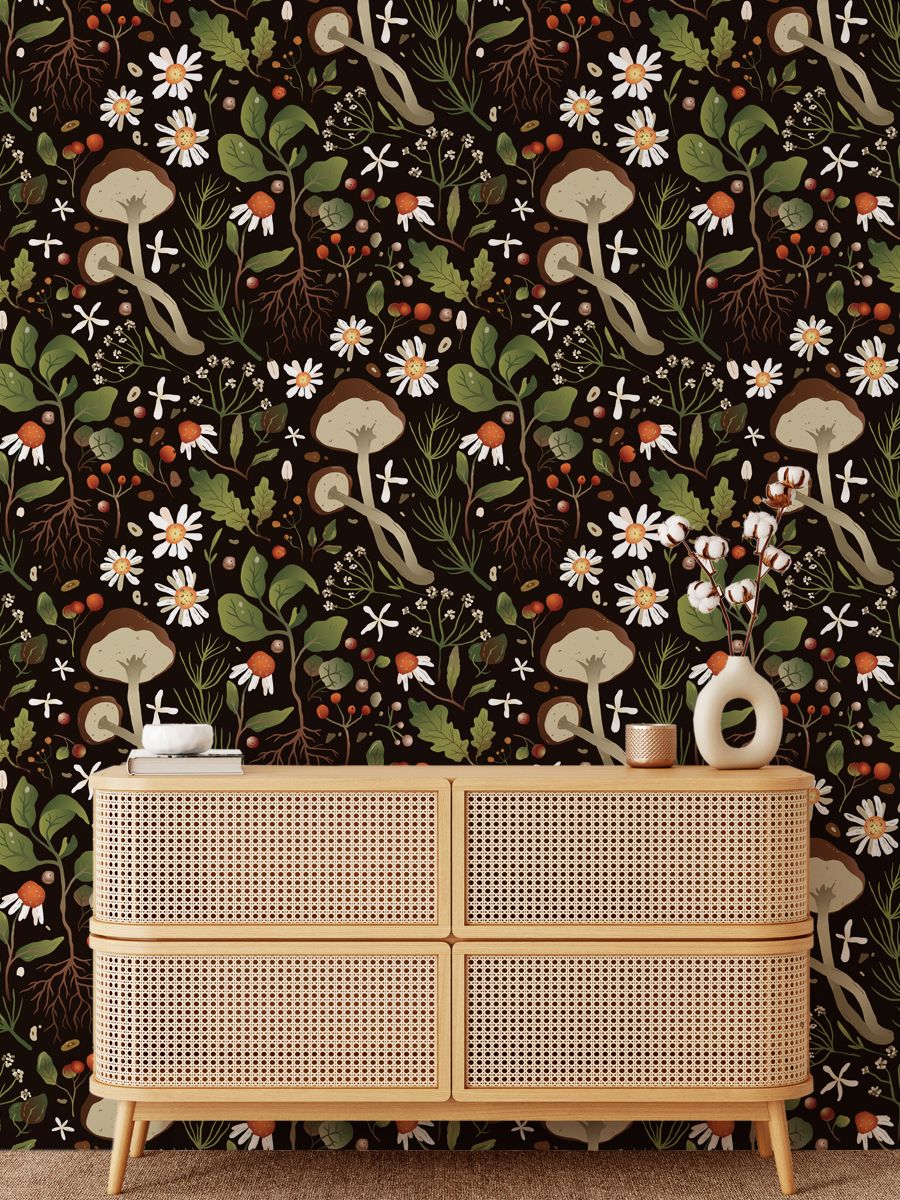 Mushroom Pattern Wall Decor, Dark Wallpaper