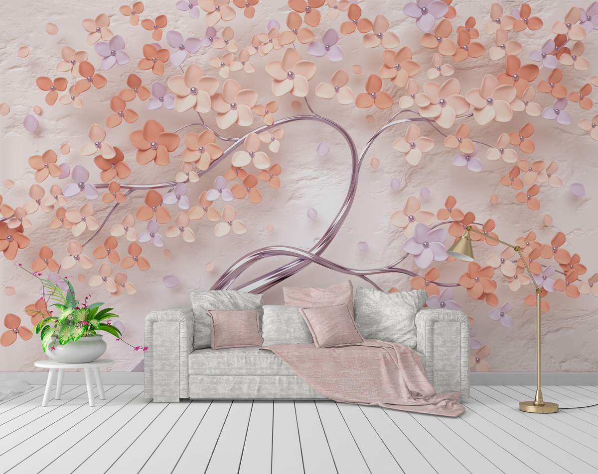 3D Rose Pink Flower and Tree Mural Wallpaper