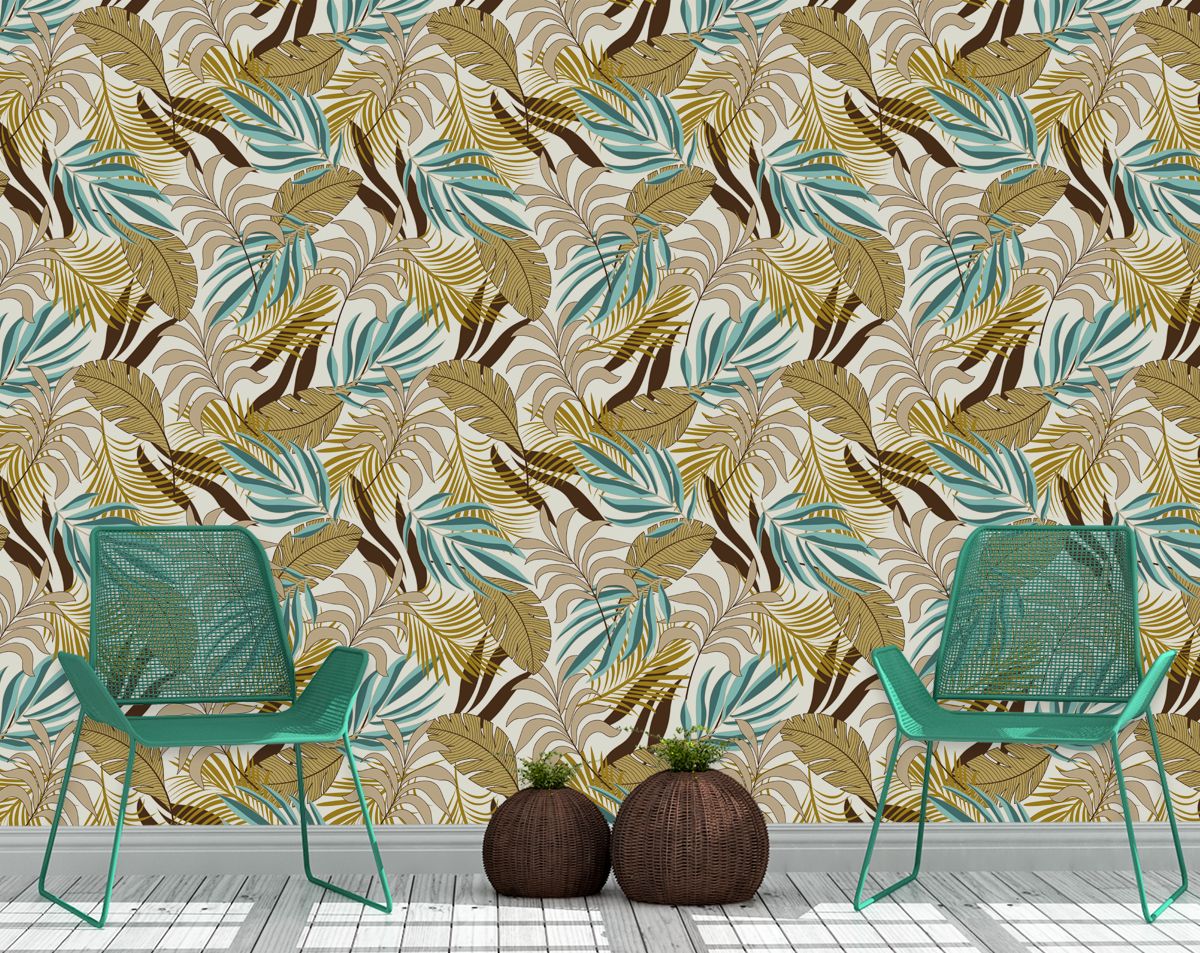Light Yellow Wallpaper With Exotic Green Leaves, Tropical Wallpaper