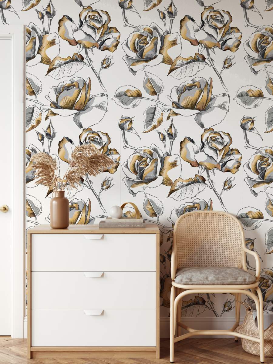 Luxury Golden Rose Floral Wallpaper Rolls