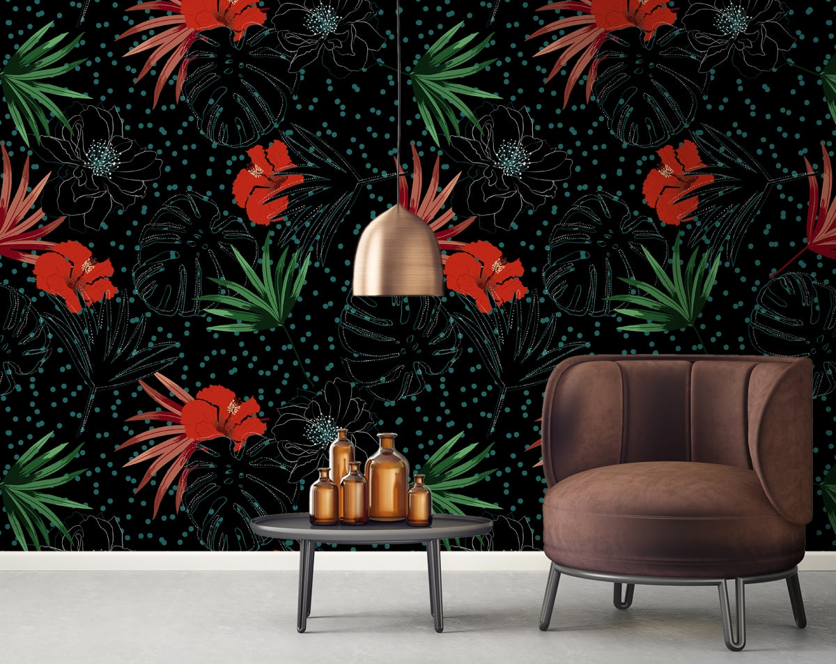 Red Flowers Decorative Tropical Palm Leaves Design Wallpaper