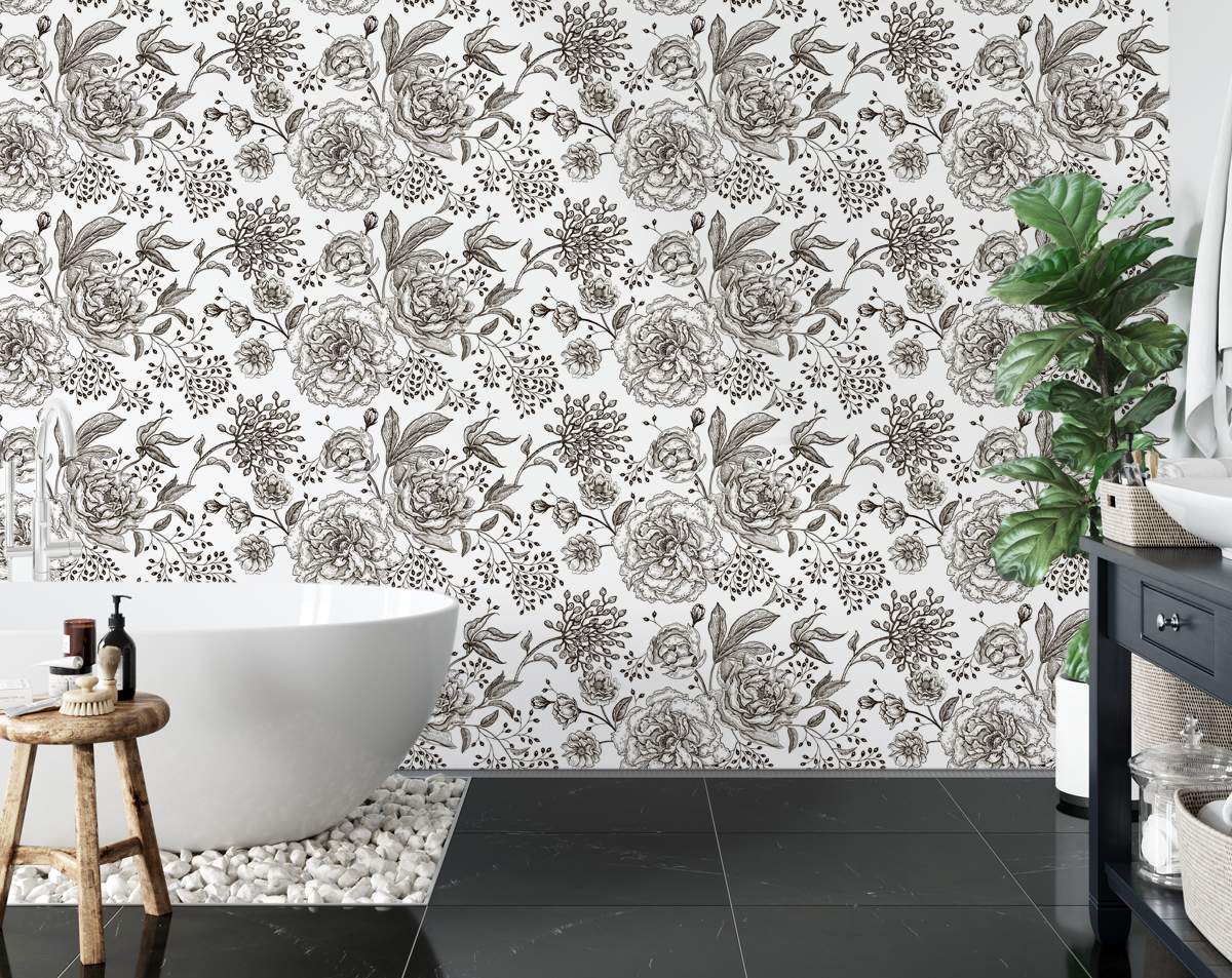Peonies and Roses Floral Black Flowers Leaves Wallpaper Rolls