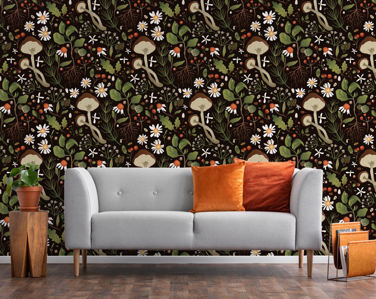 Mushroom Pattern Wall Decor, Dark Wallpaper