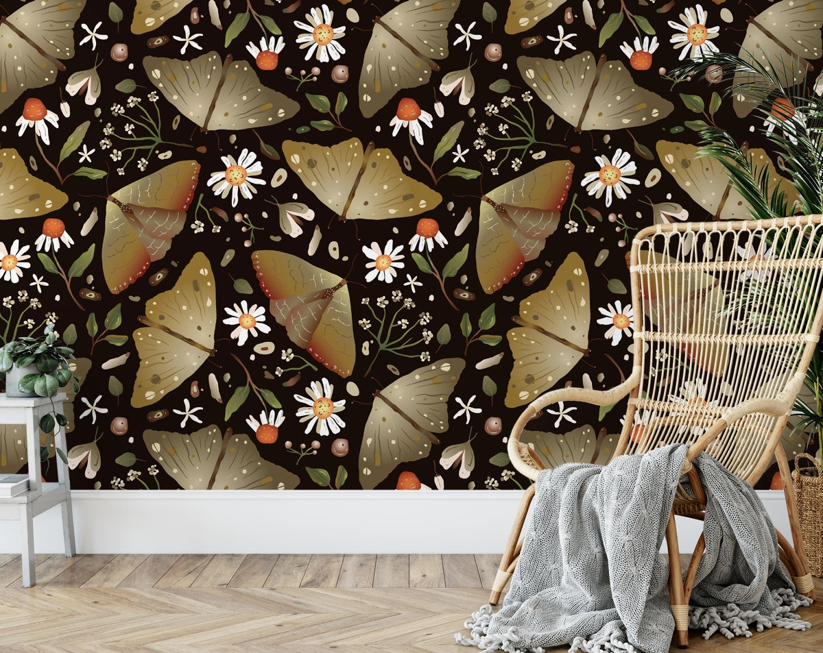Butterfly and wild chamomile flower wallpaper