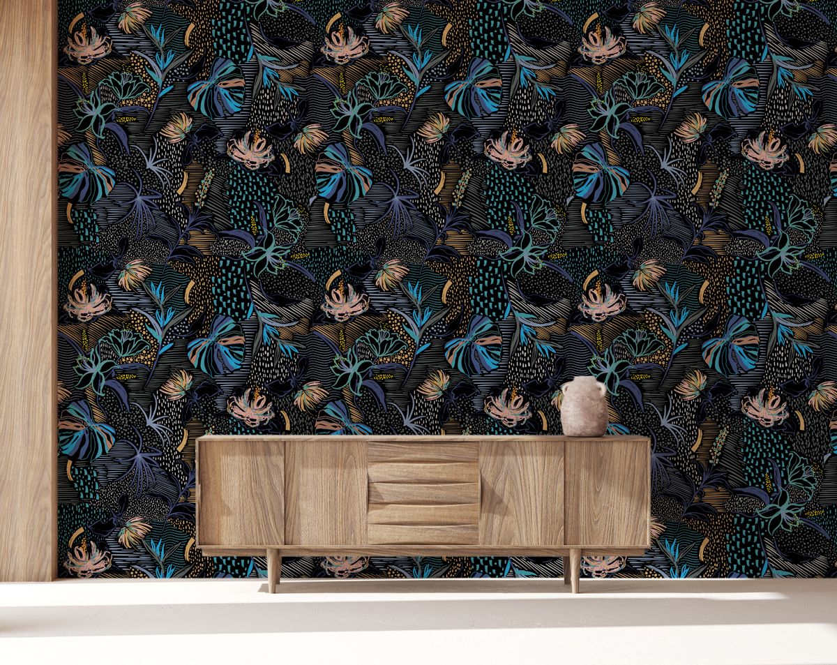 Abstract Botanical Tropical Palm Forest Wall Design Hand Drawn Flower Wallpaper