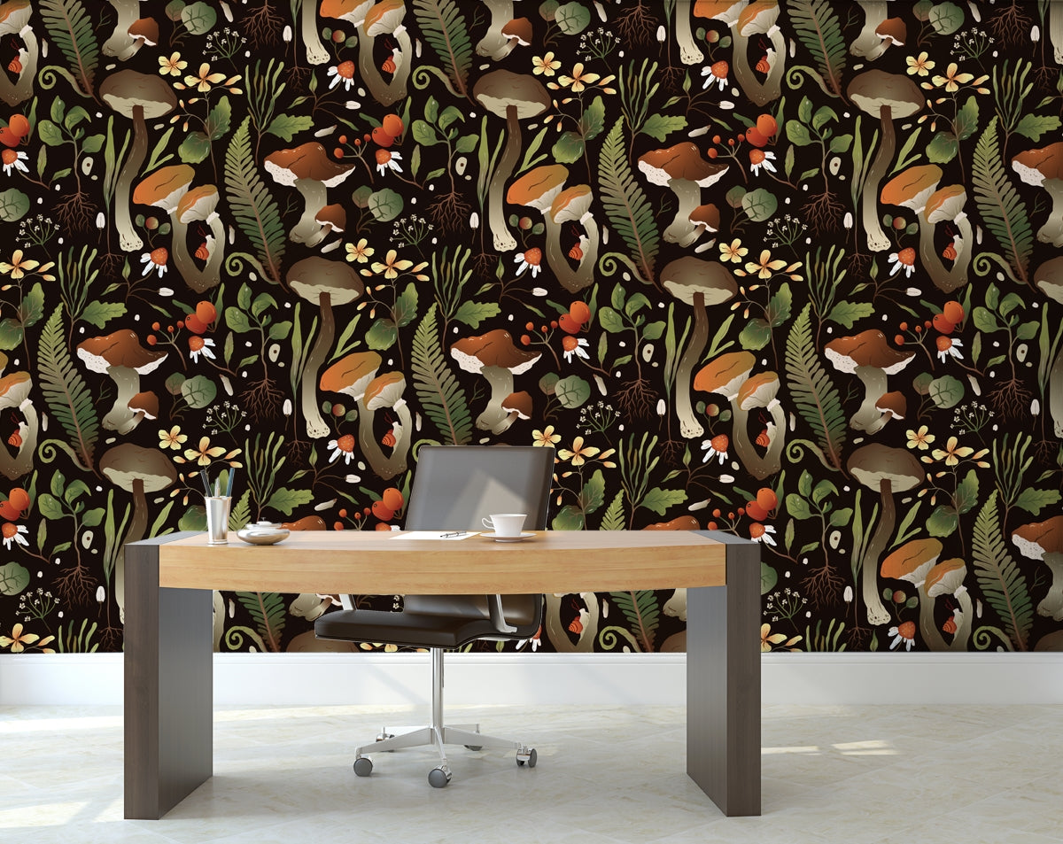 Vintage Mushrooms Forest Wallpaper