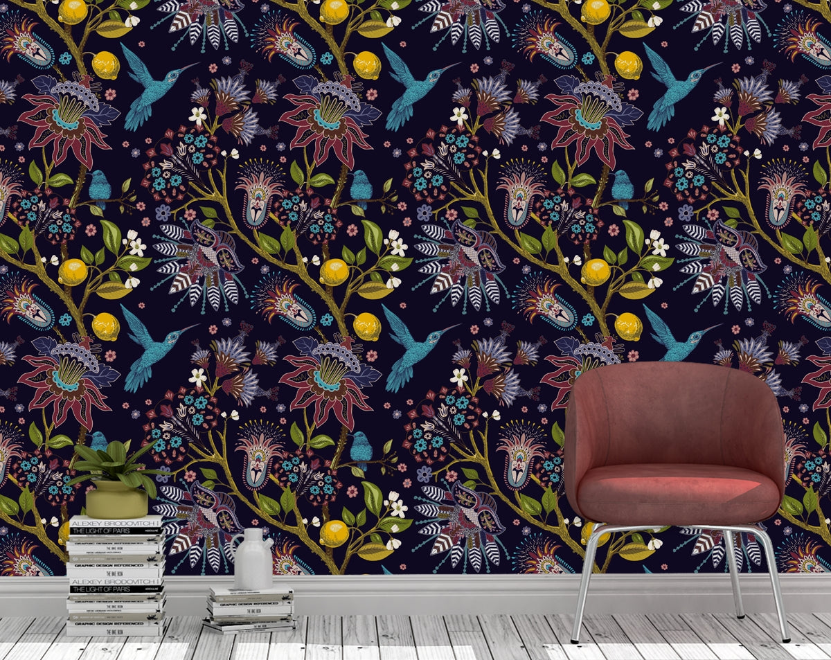 Blue birds and flowers background Wallpaper