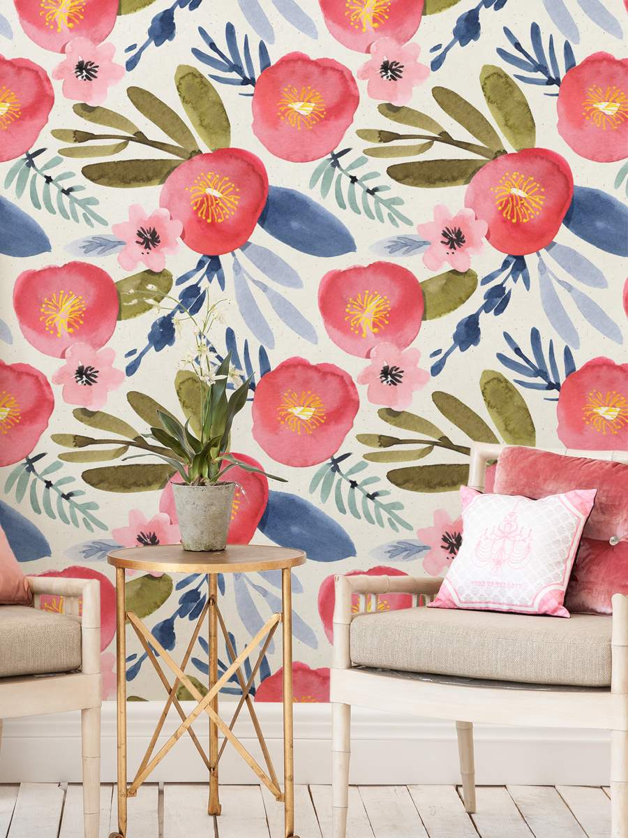 Red Flower And Leaves Botanical Wallpaper Rolls For Bedroom And Living Room