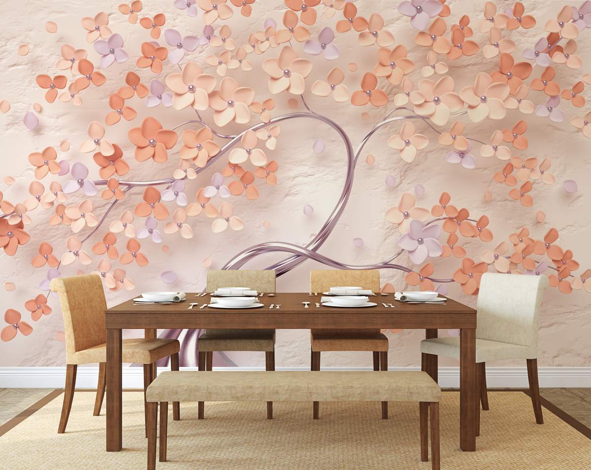 3D Rose Pink Flower and Tree Mural Wallpaper