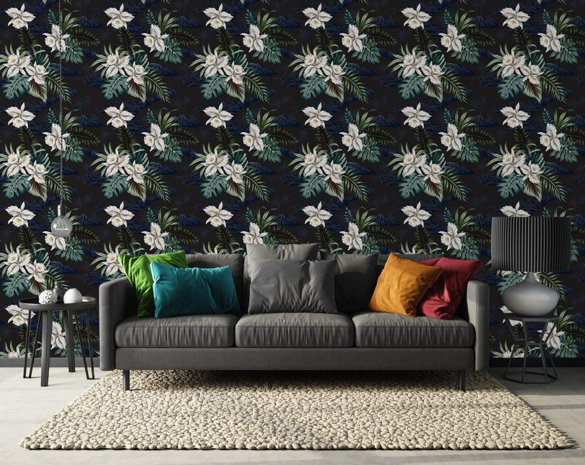 White Orchid Flower and Palm Leaves Floral Wallpaper