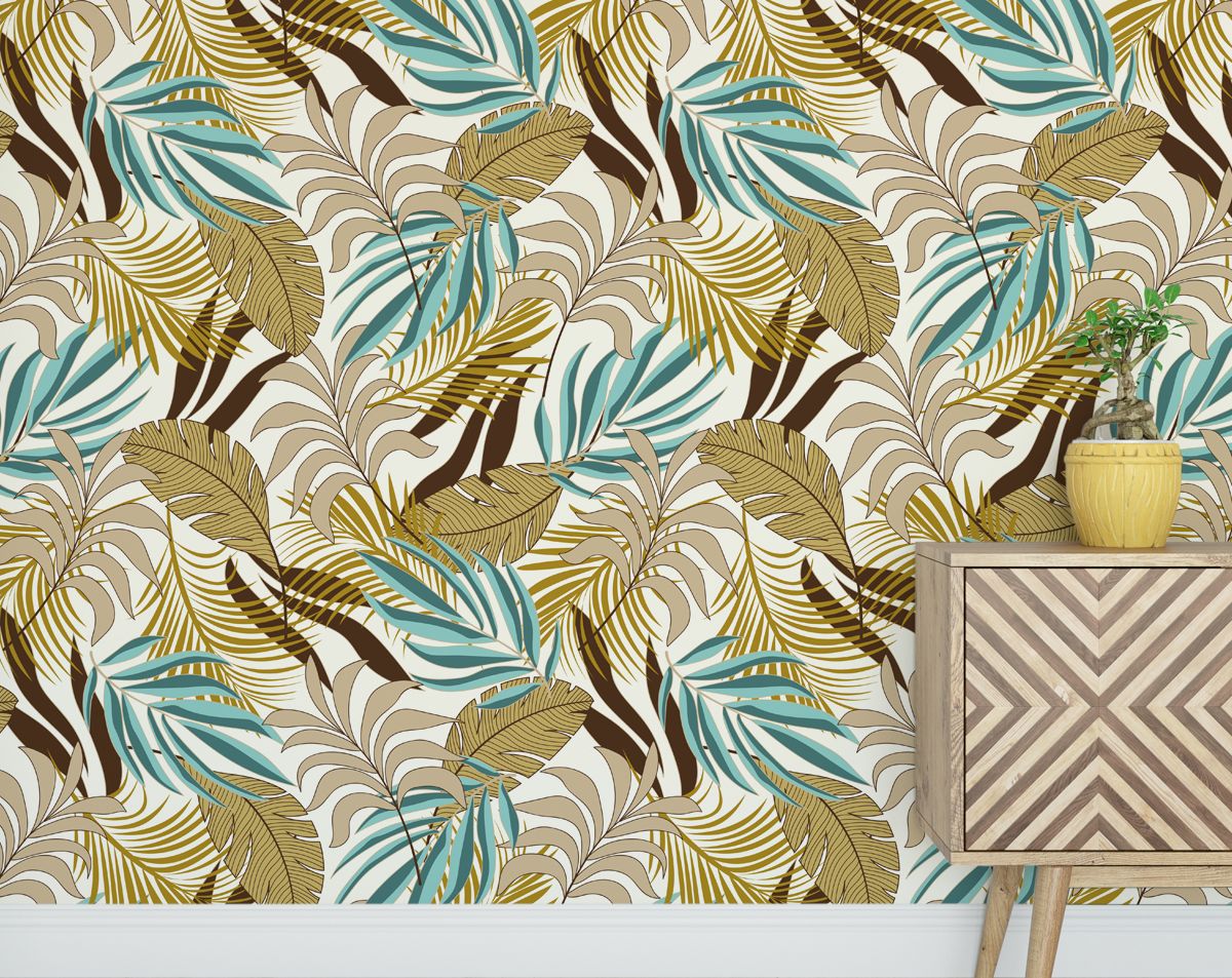 Light Yellow Wallpaper With Exotic Green Leaves, Tropical Wallpaper